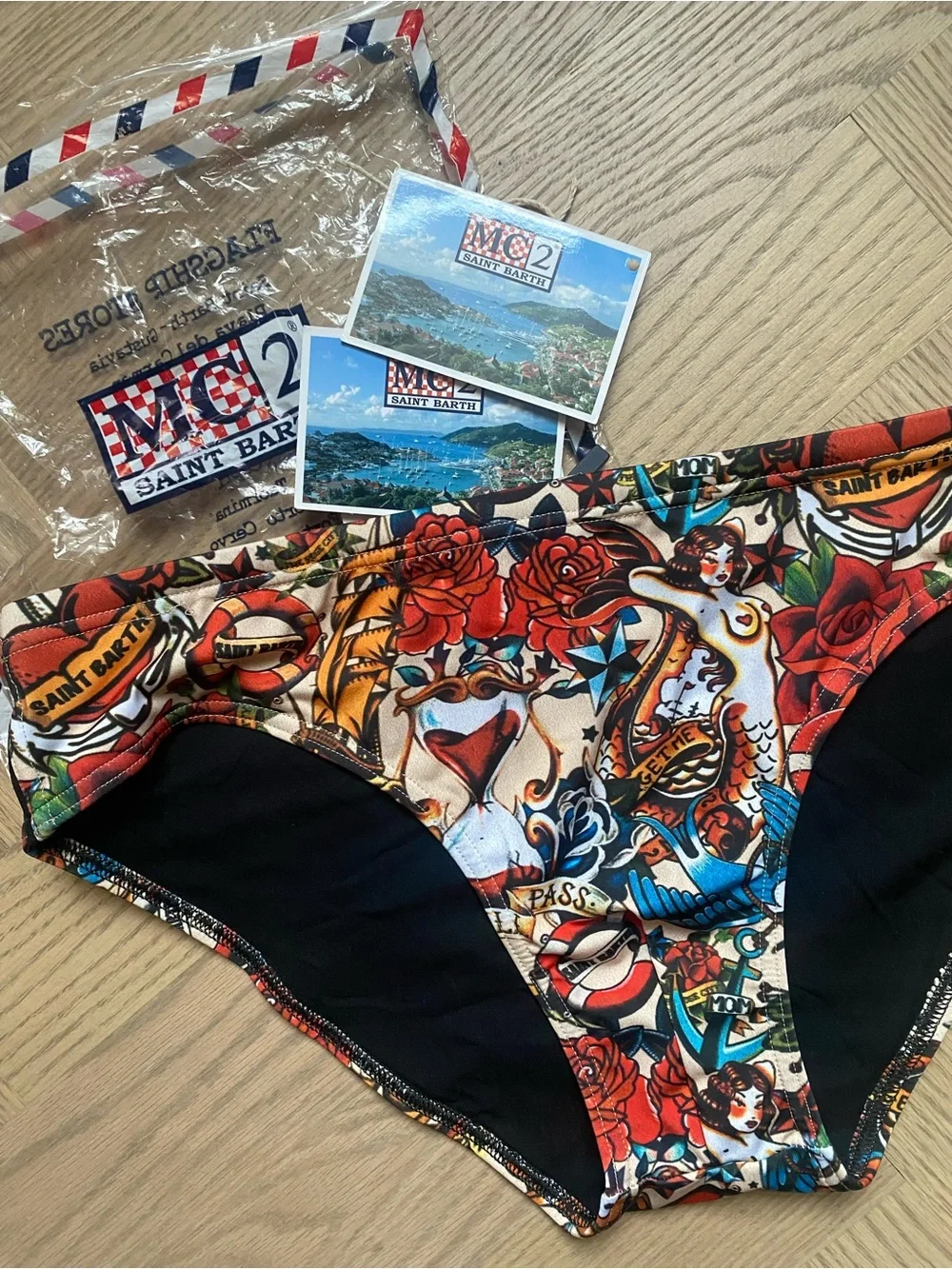 MC2 Saint Barth Mens Tattoo-Print Swim Briefs in Black and Multi